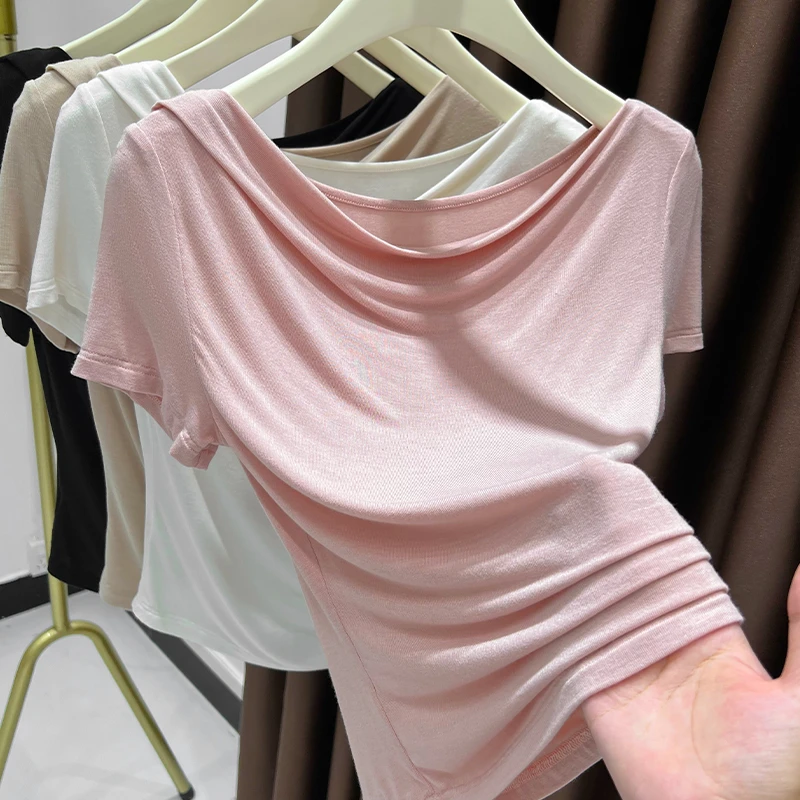 粉色甜美一字肩短袖打底衫女爆款2025新款洋气内搭可外穿修身上衣