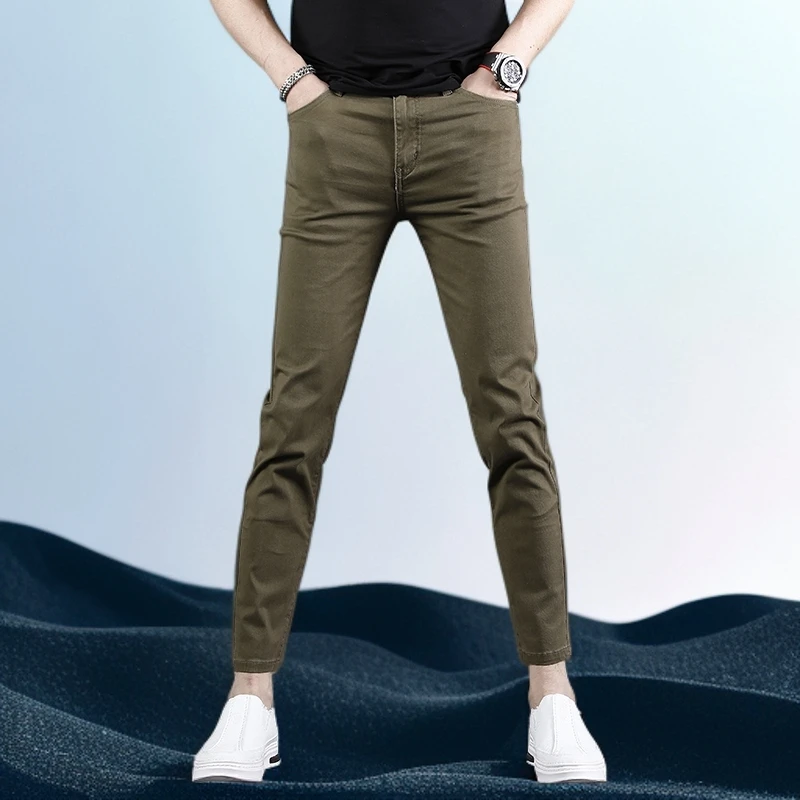 巴赛娜缇军绿九分牛仔裤修身小脚夏季薄款新款休闲显瘦男士9分裤