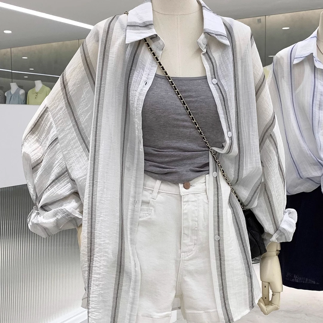 【一手货源档口店】蚕丝般手感韩气质竖条纹宽松薄款防晒衣衬衫外套