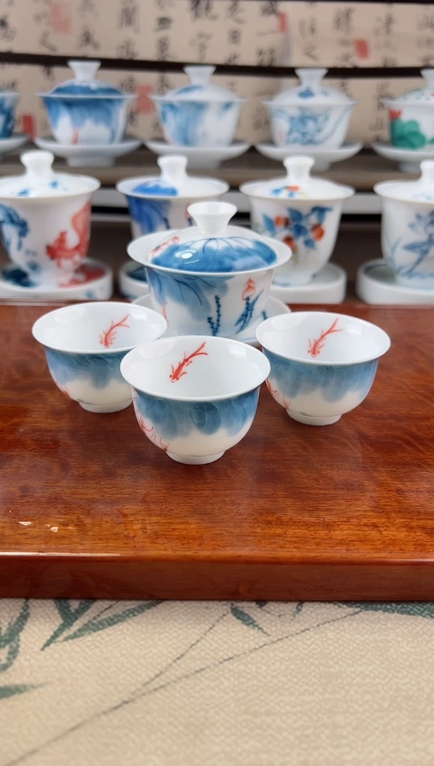 微瑕线条莲80ml三才盖碗+小美人杯3个