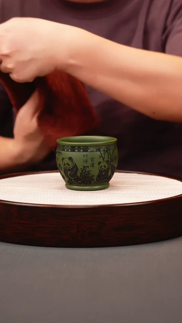 茶壶紫砂绿泥熊猫主人杯