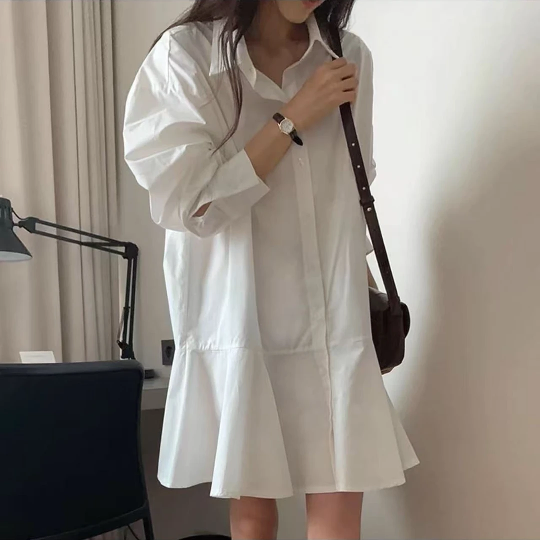 婷婷家翻领长袖衬衫裙学院风宽松连衣裙