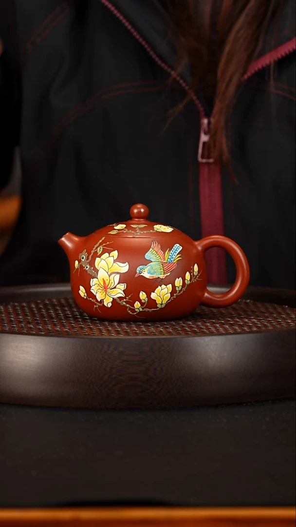 茶壶紫砂宜兴紫砂壶朱泥大红袍彩绘西施260cc