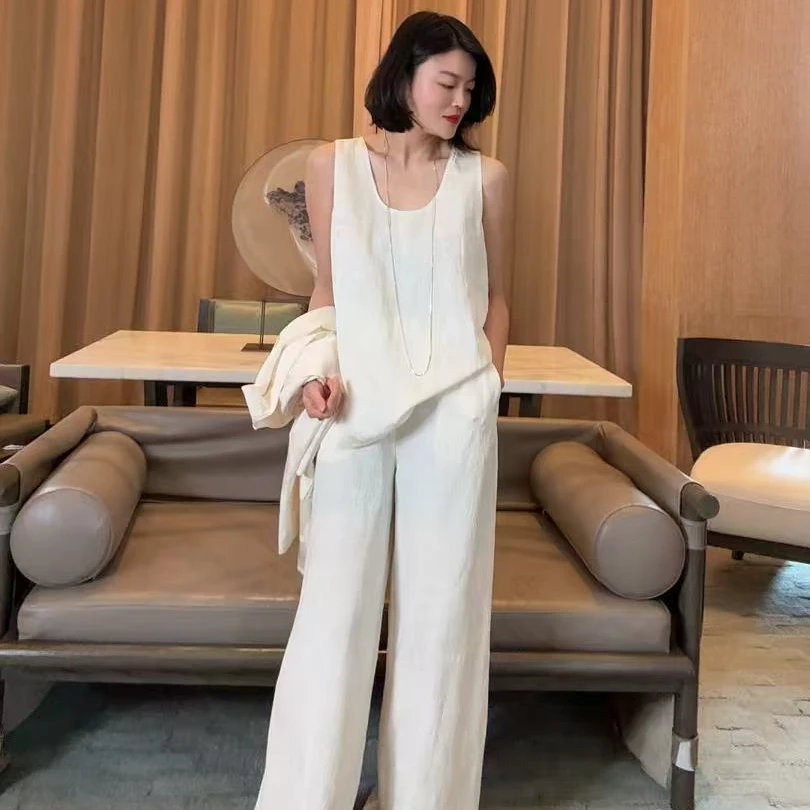 TANTAN  亚麻气质时尚纯色无袖套装1351