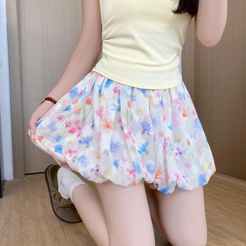 LD新款碎花蓬蓬花苞短裤女夏季冰丝小个子甜美灯笼裤可爱风裙裤A9
