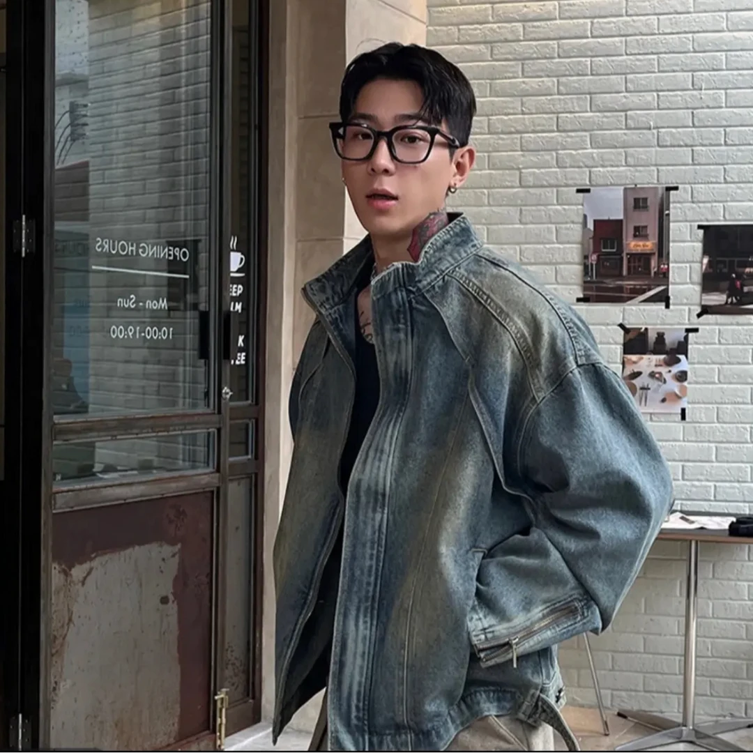 【青仓价】复古宽松做旧立领牛仔设计感休闲牛仔外套男女LZJ8625