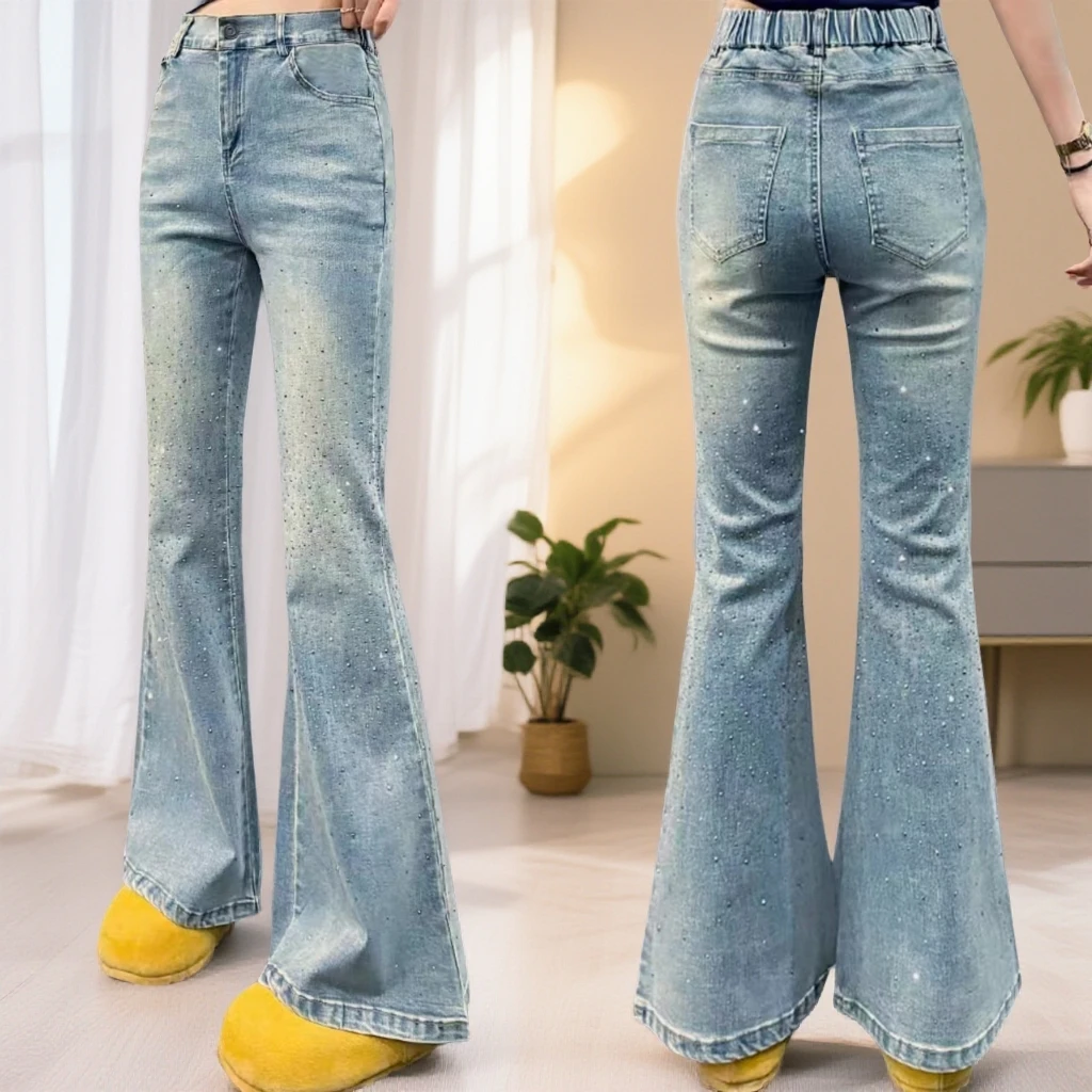 2025冬季新款闪钻满天星弹力重工微喇牛仔裤6982*