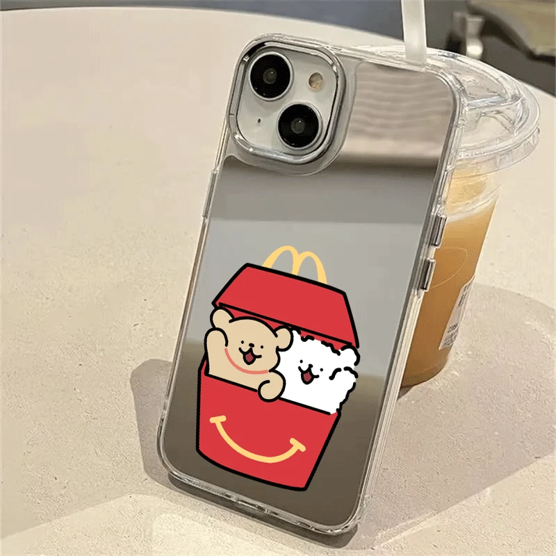 新款麦麦线条小狗13适用苹果16Promax镜面手机壳12春季14带镜子15