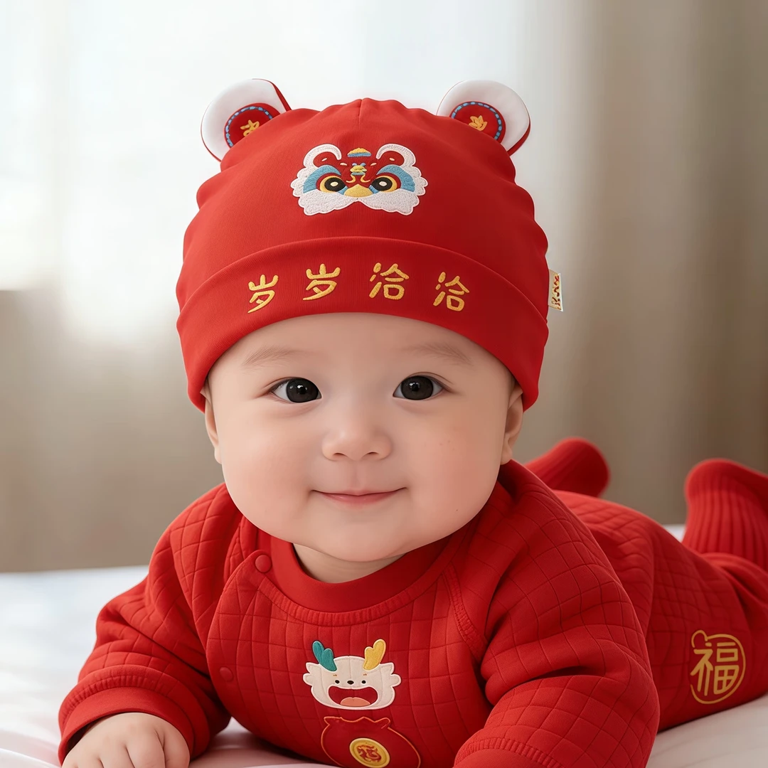 婴儿帽子春秋季红色胎帽0一3个月初生新生男女纯棉宝宝满月套头帽