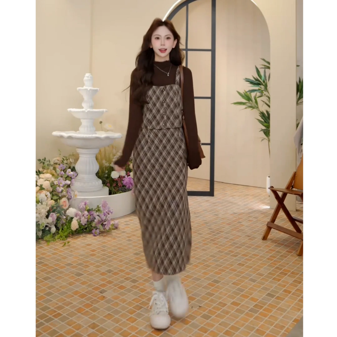 妖精的口袋复古格纹三件套装2025秋季新款miu系穿搭运动休闲气质