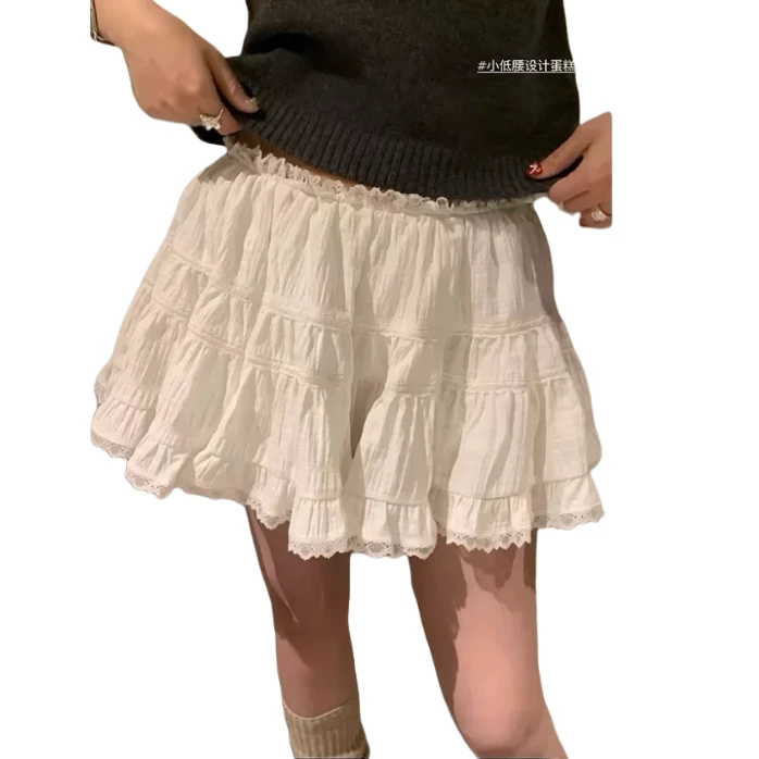 【安-芝士裙】白色蕾丝花边芭蕾裙A字高腰显瘦蛋糕带安全裤短裙女