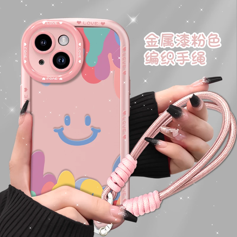 适用苹果14手机壳笑脸金漆泡芙壳粉色硅胶软壳全包防摔保护套