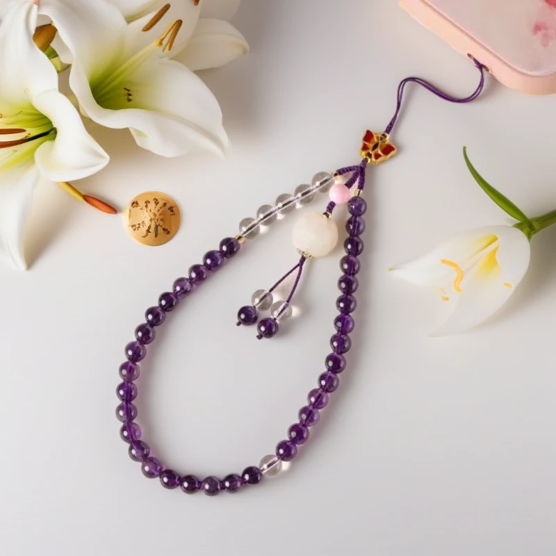 天然紫水晶手机链挂件女式高端水晶精致小众九紫离火手机壳挂绳