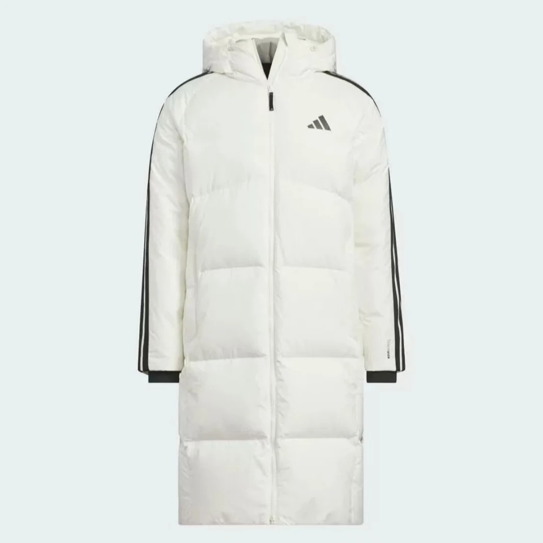 【怀化万达AD】adidas男子保暖连帽经典三条纹中长款羽绒服KC2497