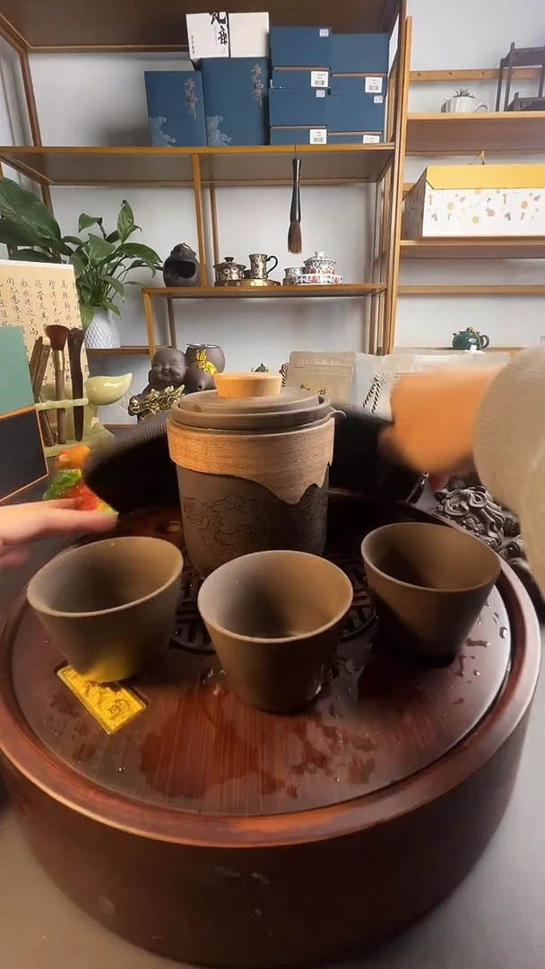 龙凤预热变色原矿紫砂手抓壶+3杯旅行茶具