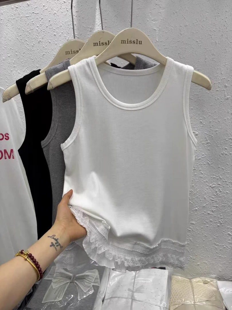 春夏新款蕾丝花边拼接背心简约显瘦内搭打底上衣