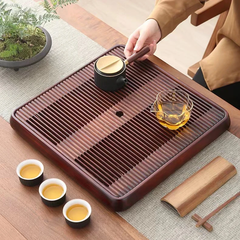 家用小型竹木干湿泡正方形储水排水三功能茶盘长方形竹制泡台