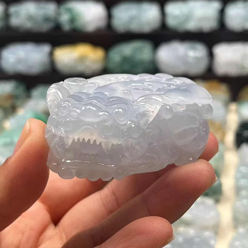 直播 天然A货翡翠貔貅冰透幽灵白月光男女款 皮丘皮球精雕手把件