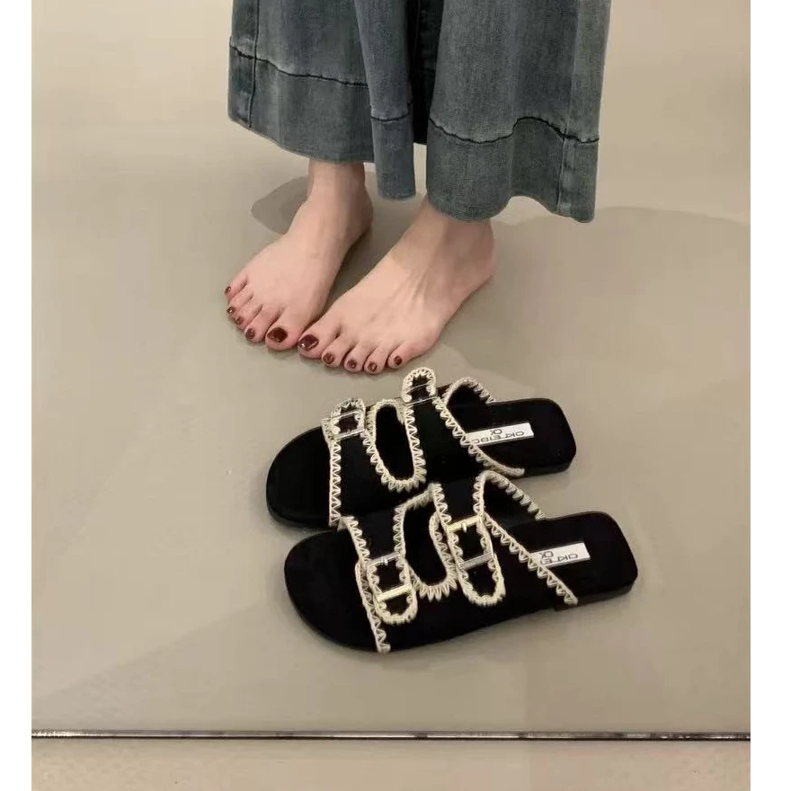 厚底蕾丝勃肯凉拖2025新款外穿防滑软底鞋子女ins潮牌百搭一字拖