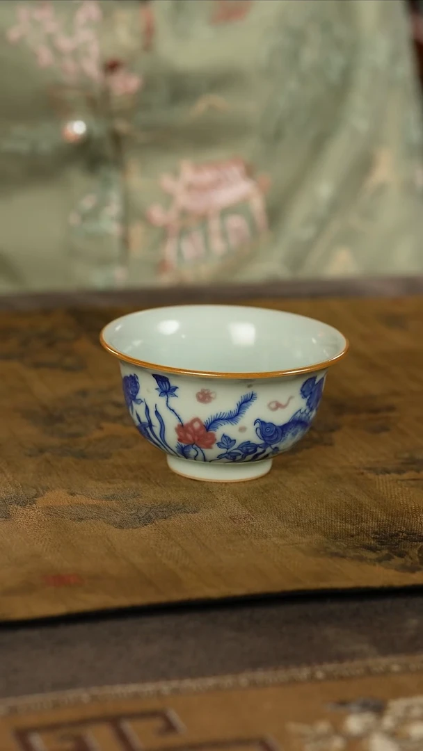 翩*善窑厂汝窑青花釉里红压手杯