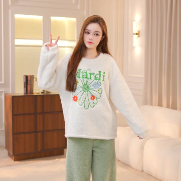 MARDI KNOW女士秋冬加厚保暖半边绒卡通休闲可外穿睡衣套装