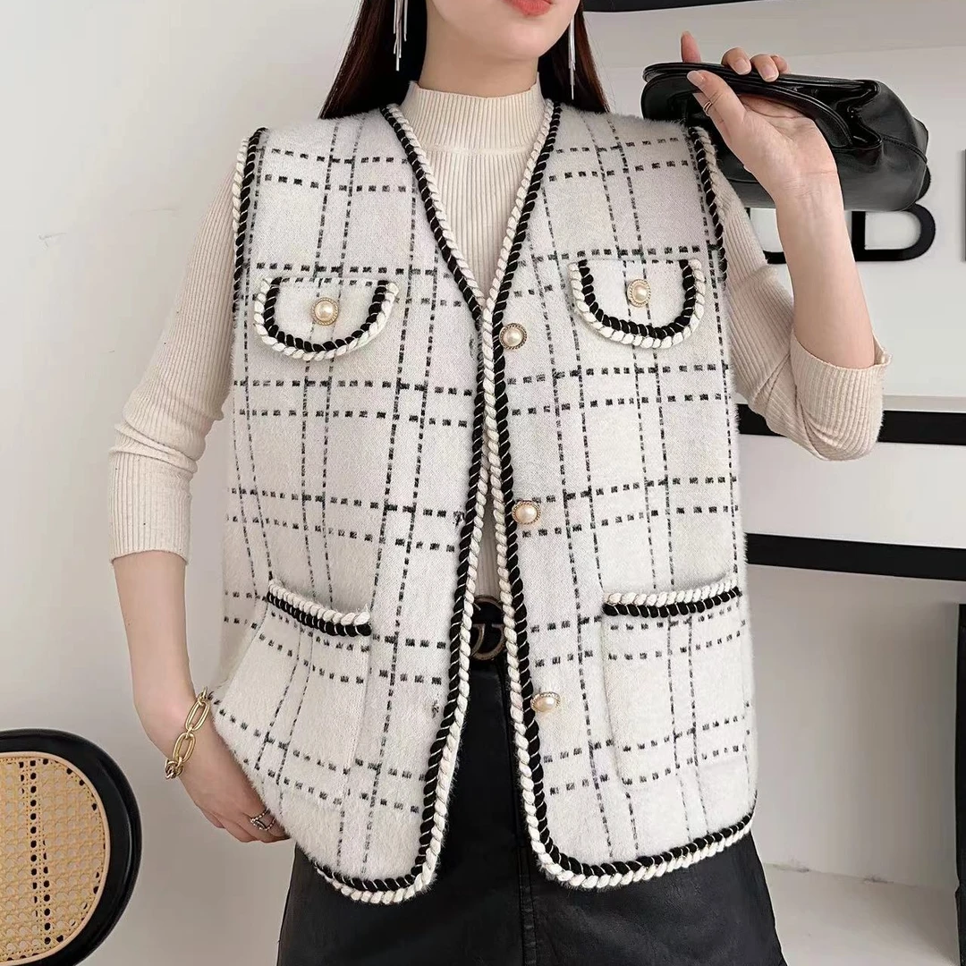 春秋款格子休闲气质百搭时尚圆领减龄慵懒小香风开衫宽松马甲