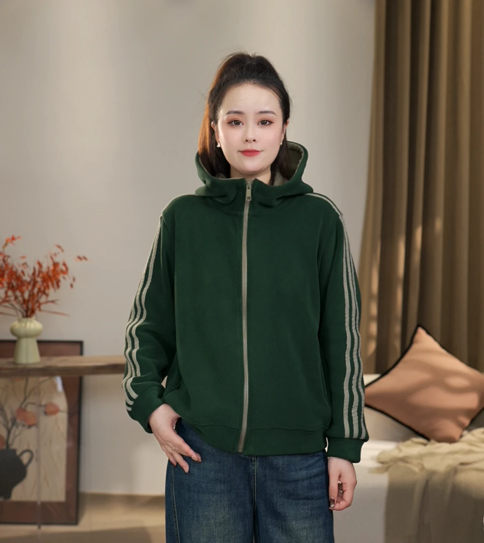 秋冬新款时尚休闲宽松拼接女连帽长袖外套加绒加厚保暖外套带帽