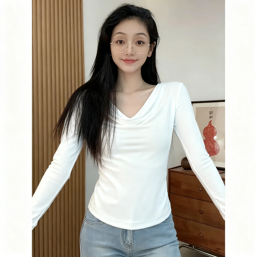 纯色荡领设计感上衣女秋冬2025新款一字肩辣妹修身长袖打底T恤衫