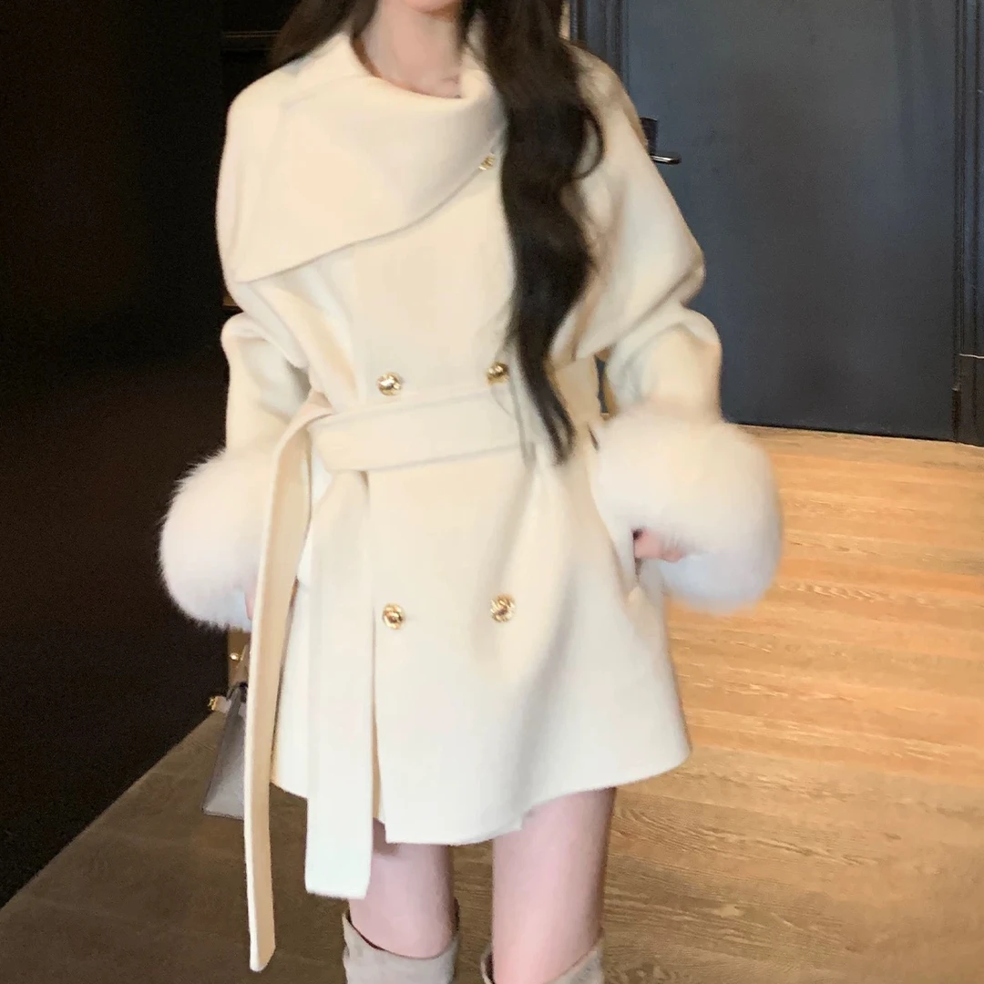 【阿喜】2025新款双面羊毛呢子大衣女秋冬狐狸毛袖口