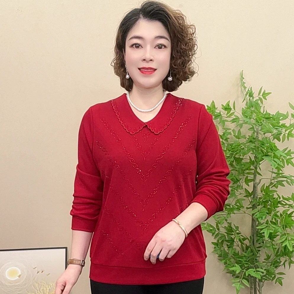 长袖妈妈装秋季中老年女装针织衫宽松时尚气质百搭女士烫钻娃娃领