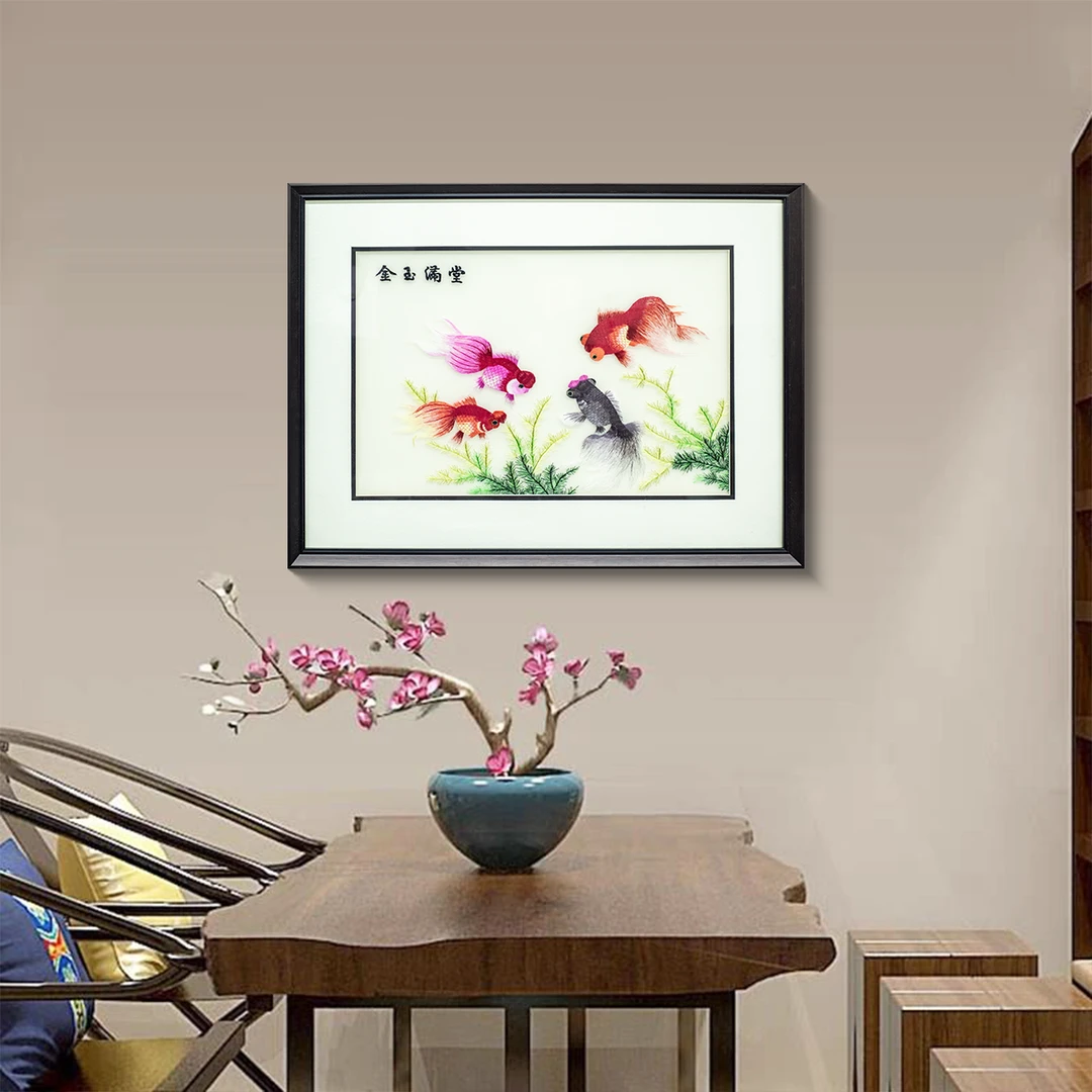 益师傅刺绣餐厅画入户玄关装饰画客厅过道画高档简约苏绣锦鲤6080