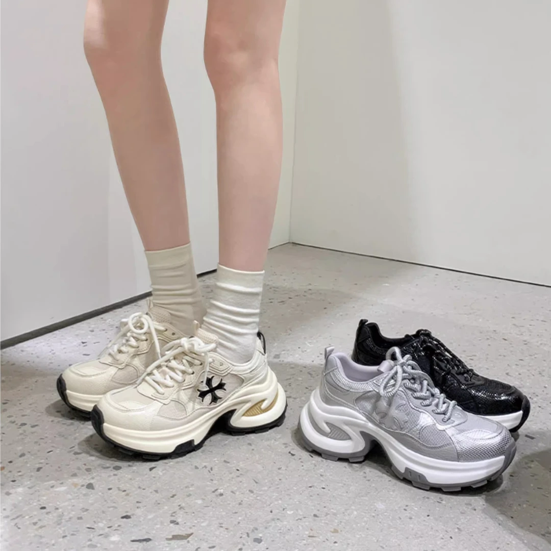 春秋2025新款增高十字花厚底休闲运动鞋女夏季老爹鞋女跑步鞋网面