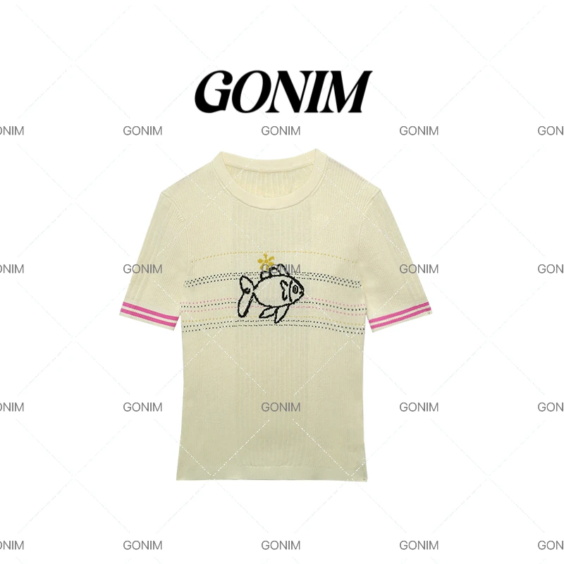 Gonim·"小鱼针织"2025早春款新品条纹包边弹力修身短袖针织T恤女