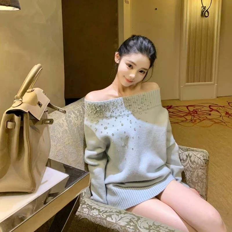 梦梦 MENGMENG｛鎏星碎片 秋季气质一字肩带钻中领毛衣}