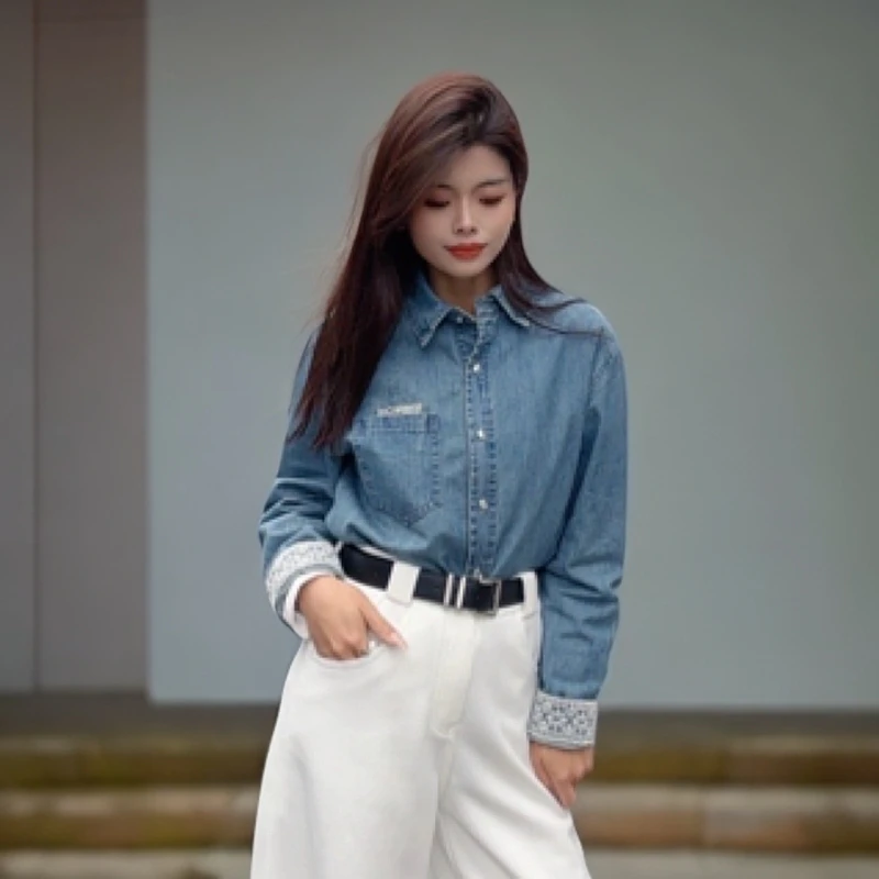 韩系蕾丝牛仔衬衫小众水洗时尚显瘦春季