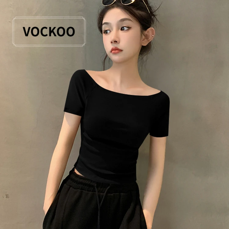 VOCKOO夏季黑色一字领短袖T恤女棉质露脐短款法式洋气露肩欧货紧
