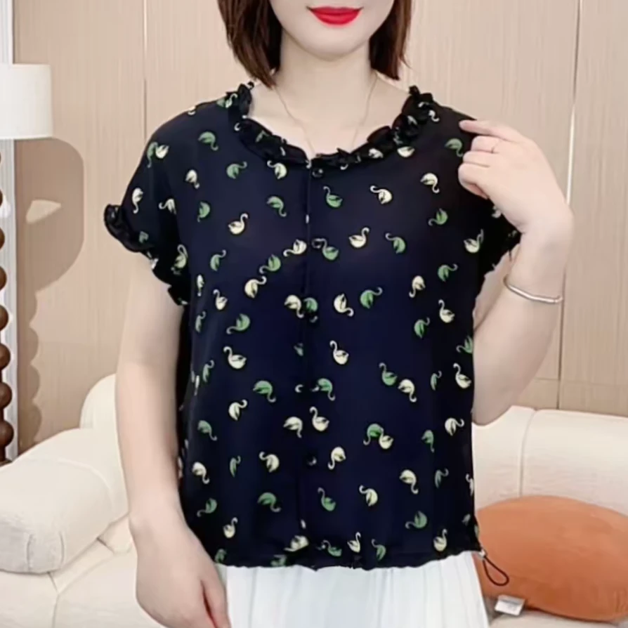 夏季新款时尚洋气藏青色印花短袖法式衬衫休闲设计感减龄洋气上衣