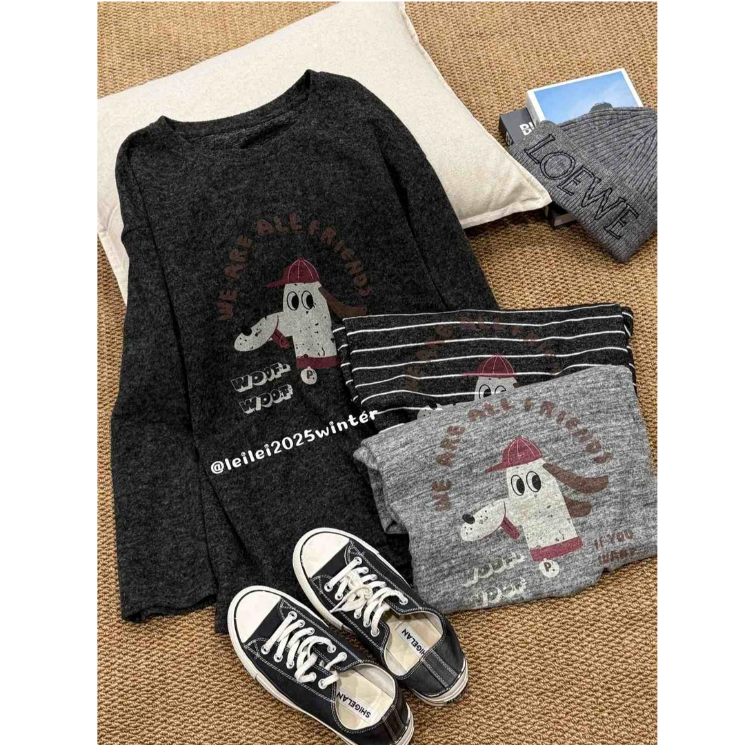 晶咕【戴帽小狗！】冬季磨毛感宽松圆领小狗图案大版T恤上衣