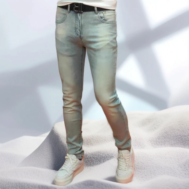 宾斯洛特时尚休闲春夏季个性怀旧兰男士牛仔裤修身小脚裤弹力长裤