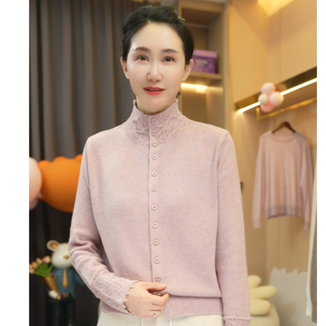 方 手工钩花半高领开衫韩系轻熟风秋冬优雅出街