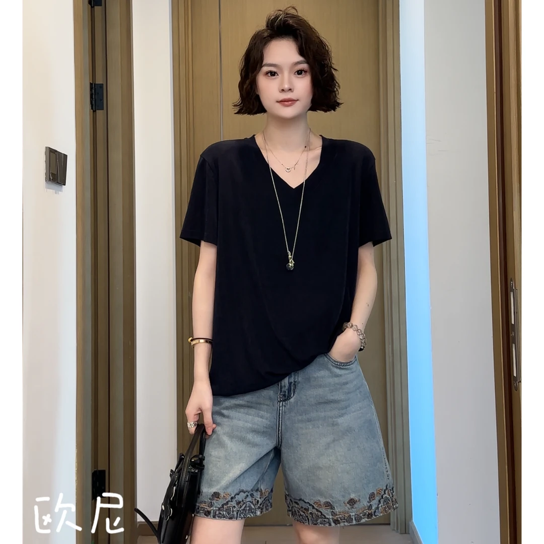 欧尼私服 2025夏简约高级感薄款V领短袖针织醋酸T恤2505C3035