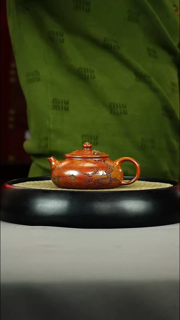 茶壶紫砂火云烧 寒江 彩刻 五牛图