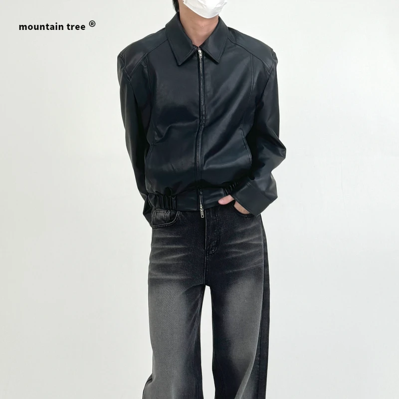 mountain tree短款小众高级感翻领廓形皮衣夹克男宽松痞帅外套