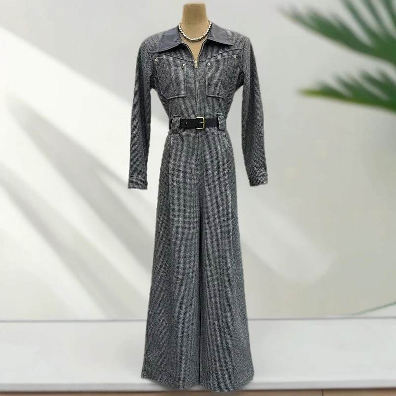 H7037秋季新款炫酷拉链设计皮领拉链呢子垂坠感高腰阔腿连体裤