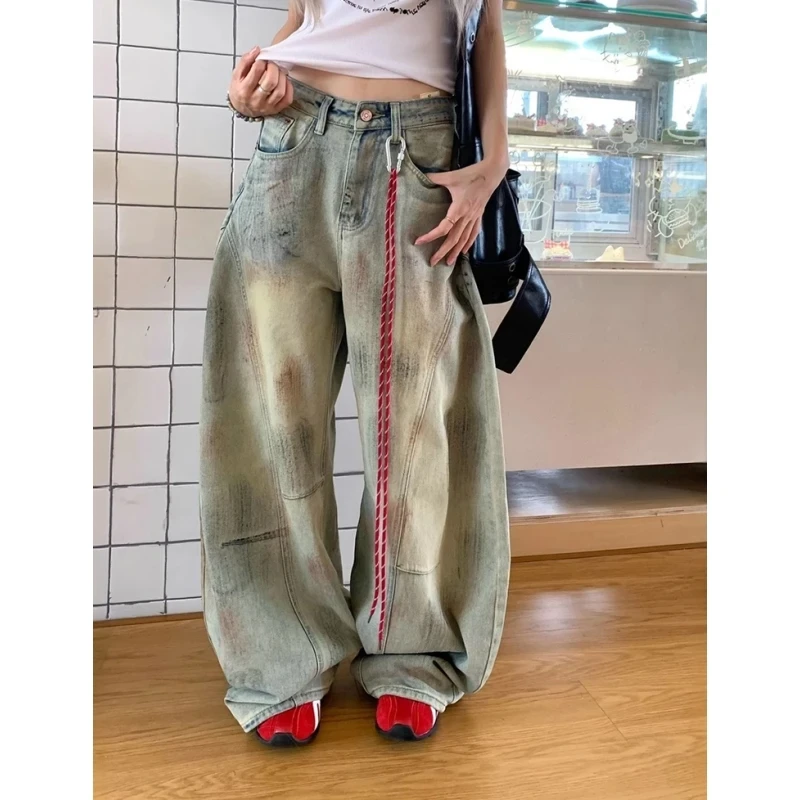 【破价+运费险+送挂绳】美式复古做旧脏染弯刀牛仔裤女秋季宽松阔腿