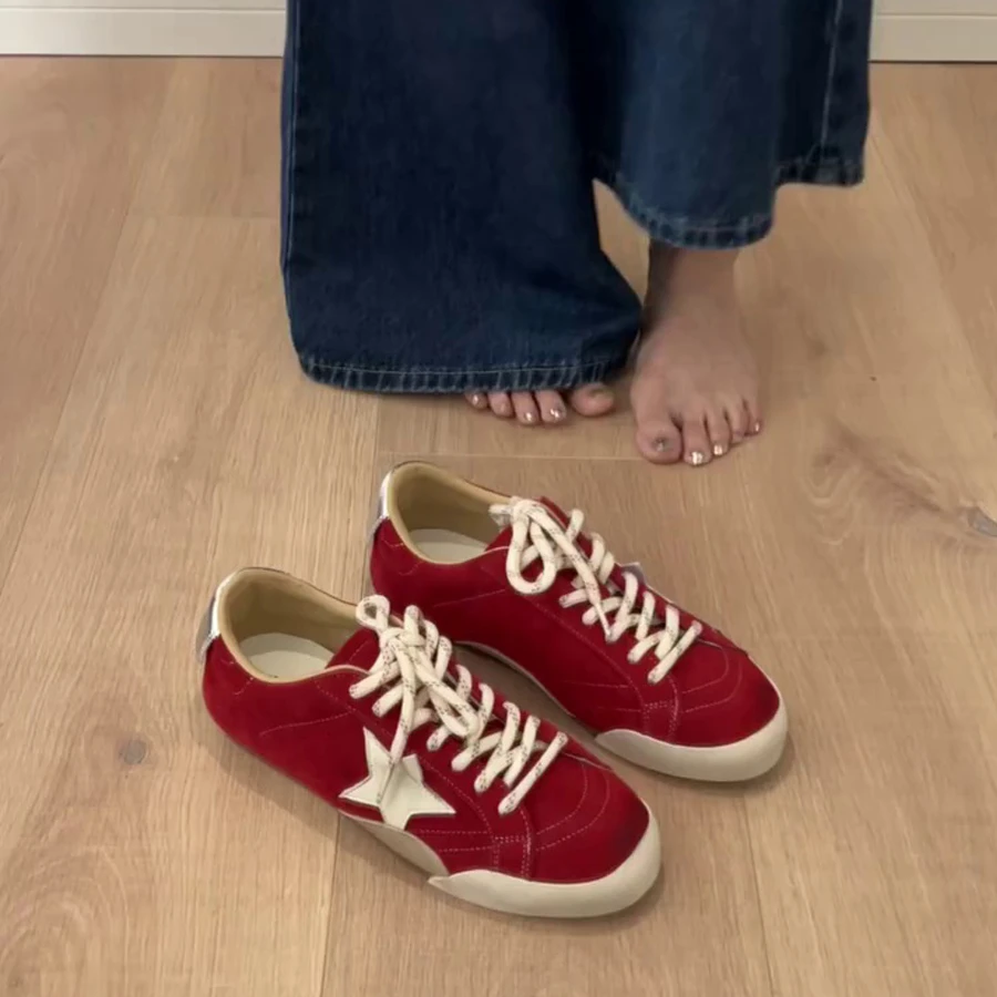 平底红色德训鞋女2025新款夏秋休闲运动做旧脏脏鞋星星板鞋休闲鞋