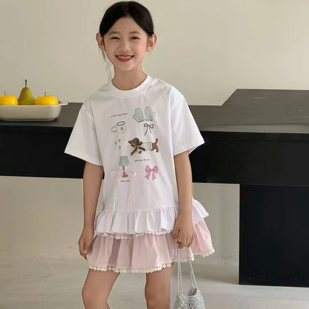 熙爱中大女童甜美女孩荷叶边印花立体蝴蝶结圆领宽松T恤上衣25726