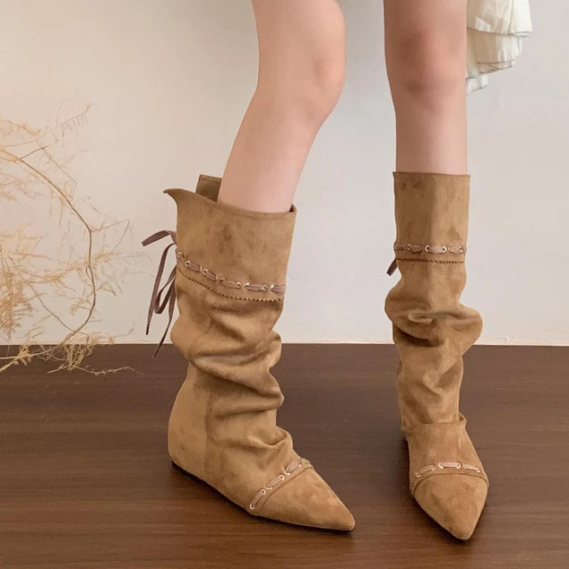 堆堆长靴美拉德显瘦废土辣妹风内增高西部牛仔靴2025女靴秋冬系带