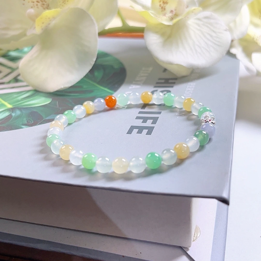 翡翠冰种多宝圆珠女款单圈糖果色时尚手串5.6mm
