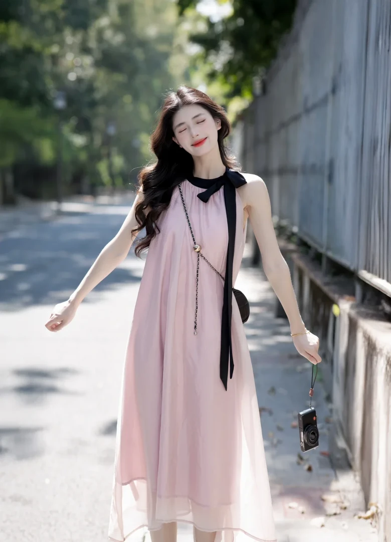 夏季2025新款法式粉色无袖蝴蝶结挂脖裙子别致绝美减龄吊带连衣裙